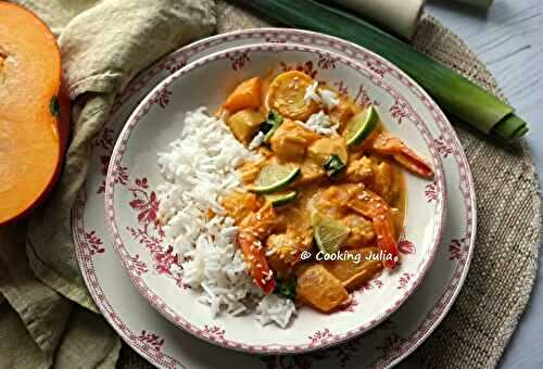 Curry de crevettes au potiron et poireau