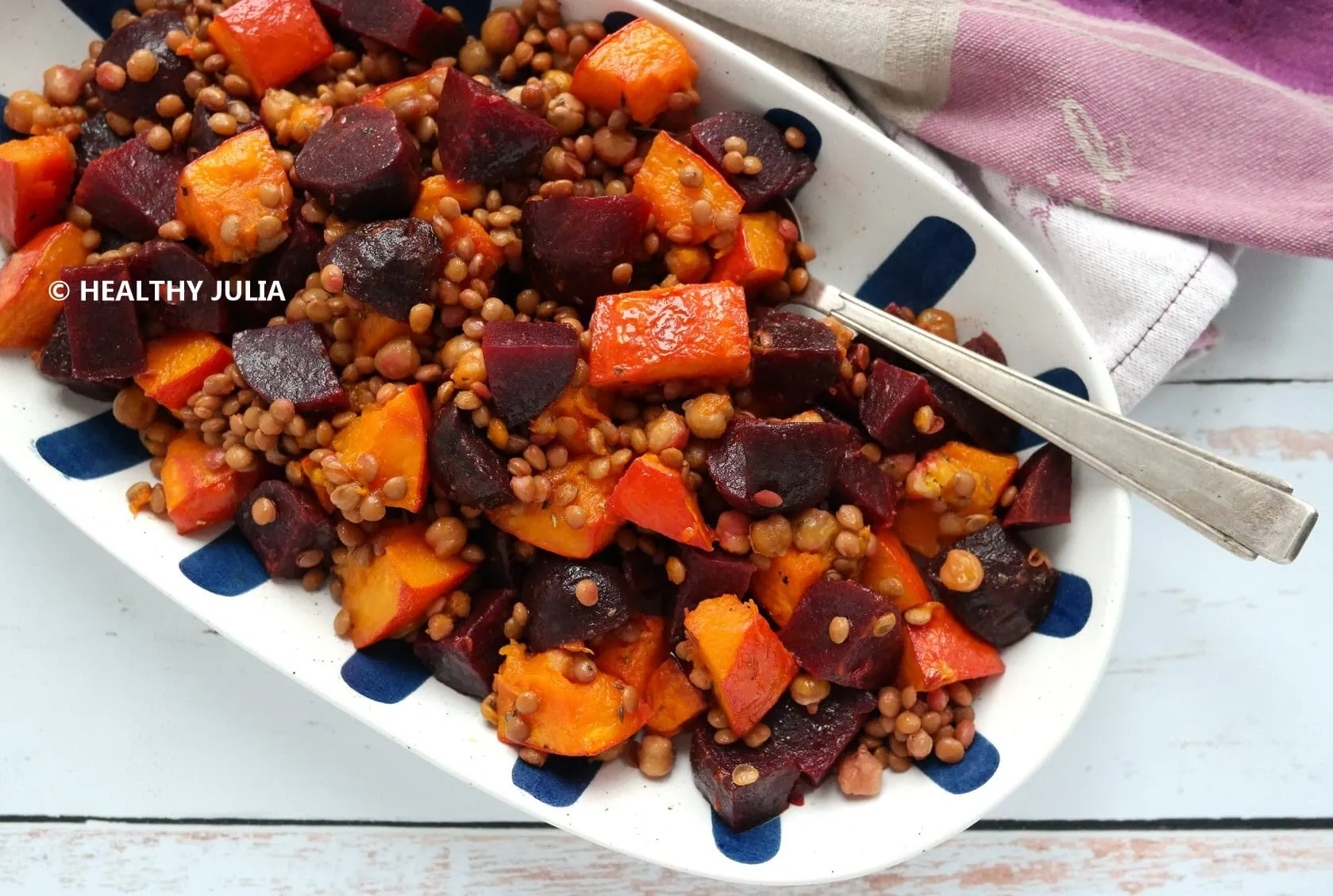 Salade tiède de lentilles, potimarron et betterave