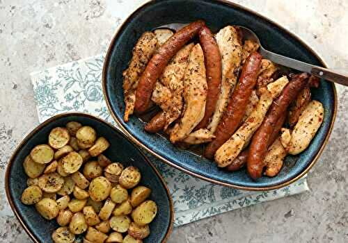 Poulet mariné, merguez et pommes de terre rôties