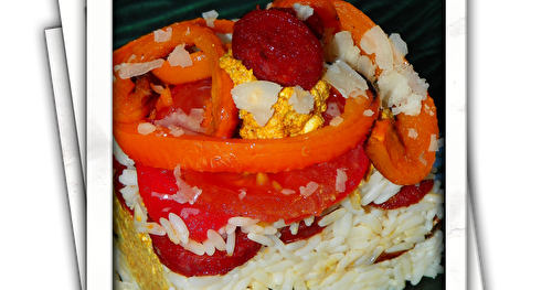 Mille feuille de riz, légumes et chorizo, sauce ricotta et pâte de curry Patak's