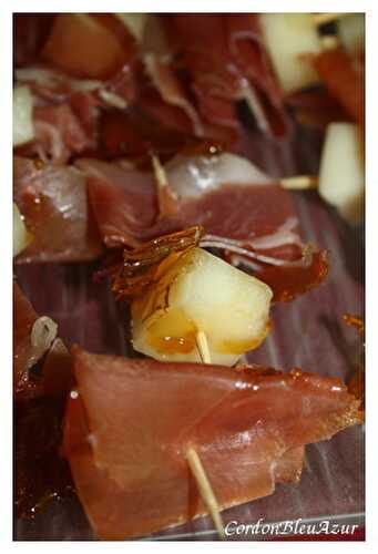 Brochettes jambon cru et Manchego caramélisées