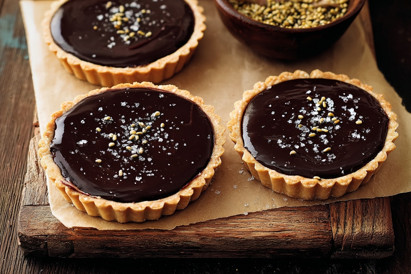 Tartelettes au chocolat noir, pâte rustique au sarrasin et fleur de sel