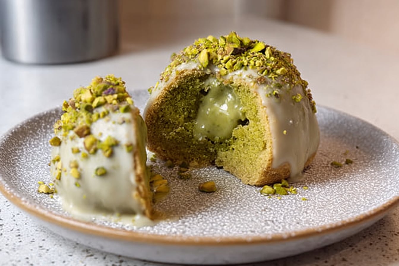 Gâteaux à la pistache, cœur fondant et glaçage rocher