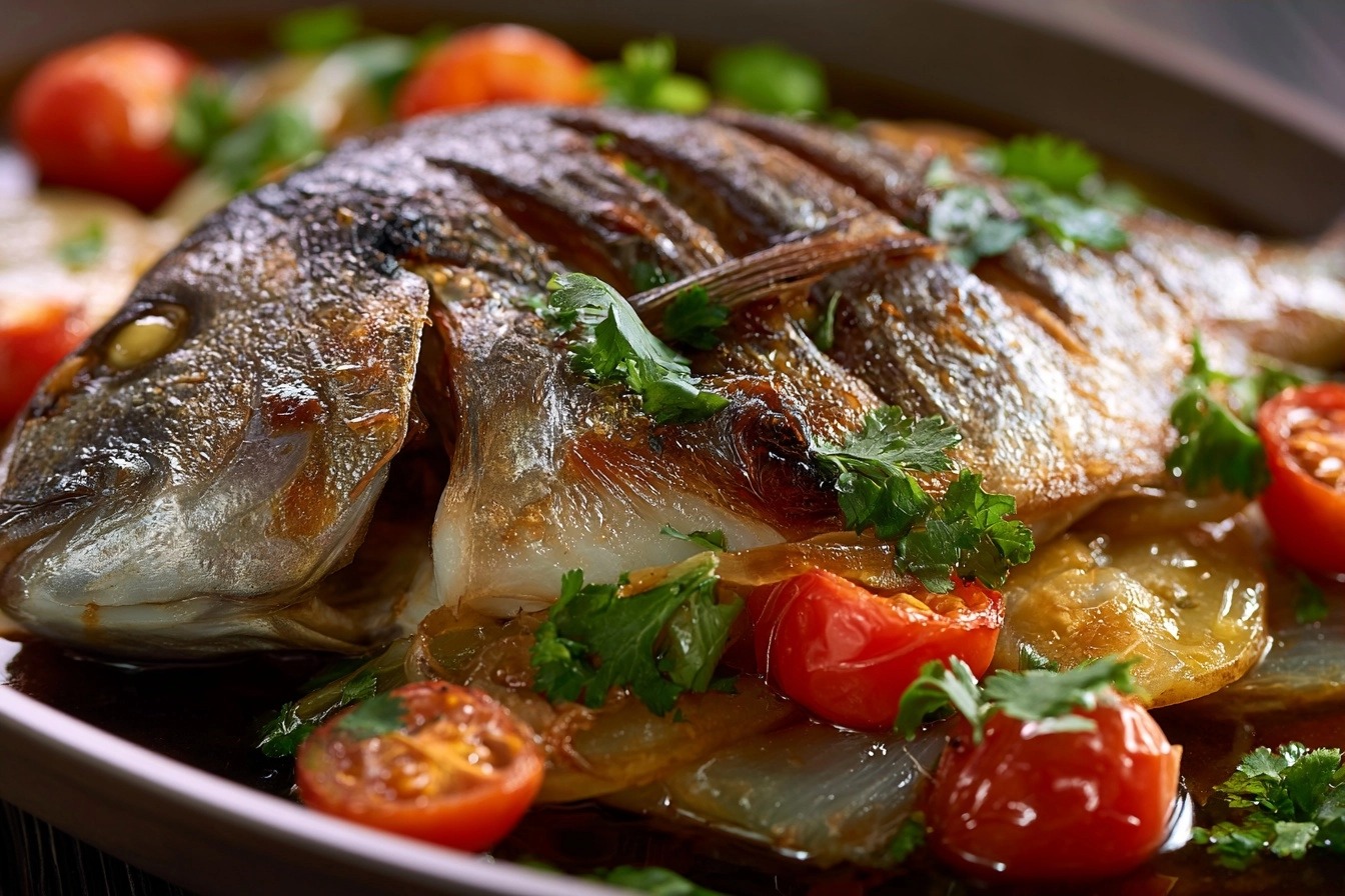 Dorade au four sur lit de légumes et marinade fusion