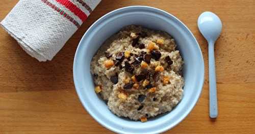 Porridge gourmand son d'avoine, chocolat, orange confite, parfum praliné