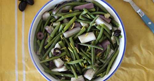 Salade de haricots verts, aubergines, citron et olives
