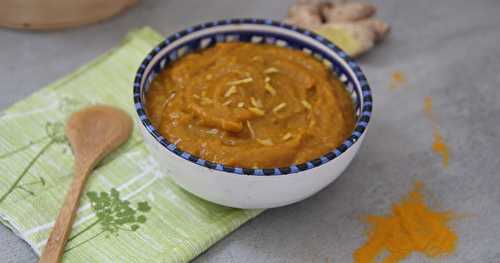 Soupe butternut-patate douce au citron, gingembre et curry