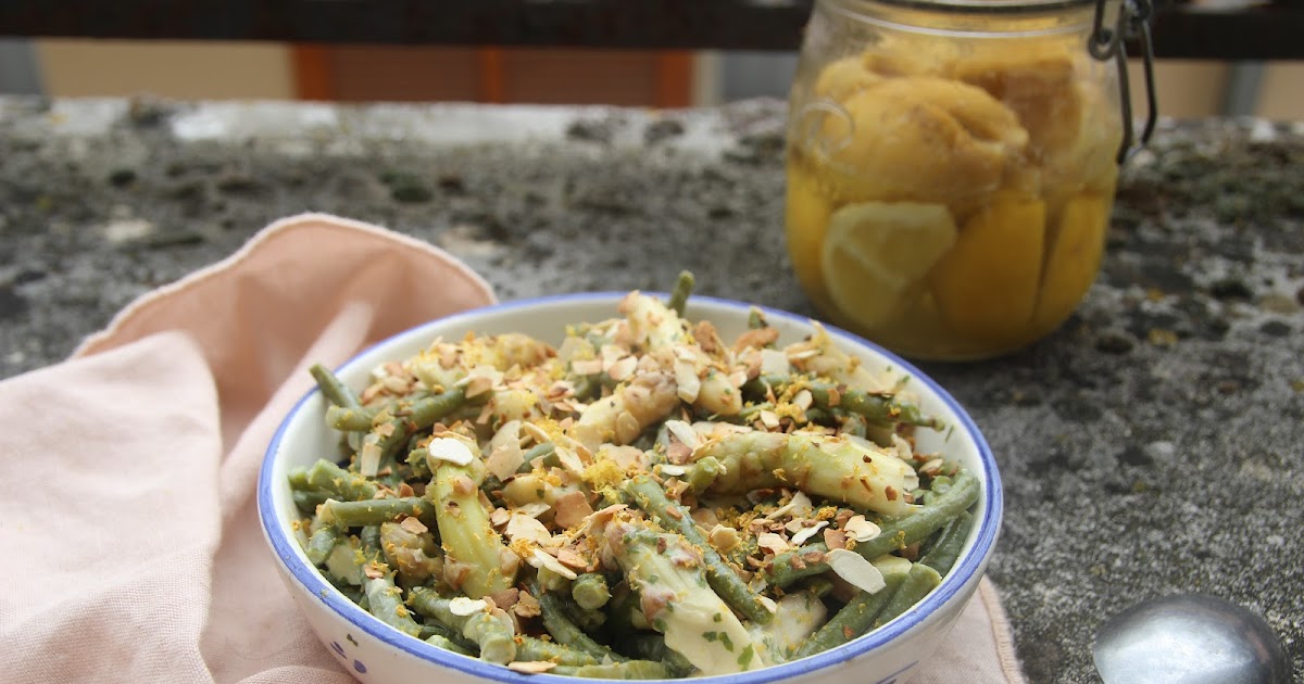 Salade haricots verts, asperges, amandes et citron confit