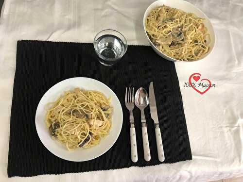 Spaghettis au poulet, champignons et mascarpone.