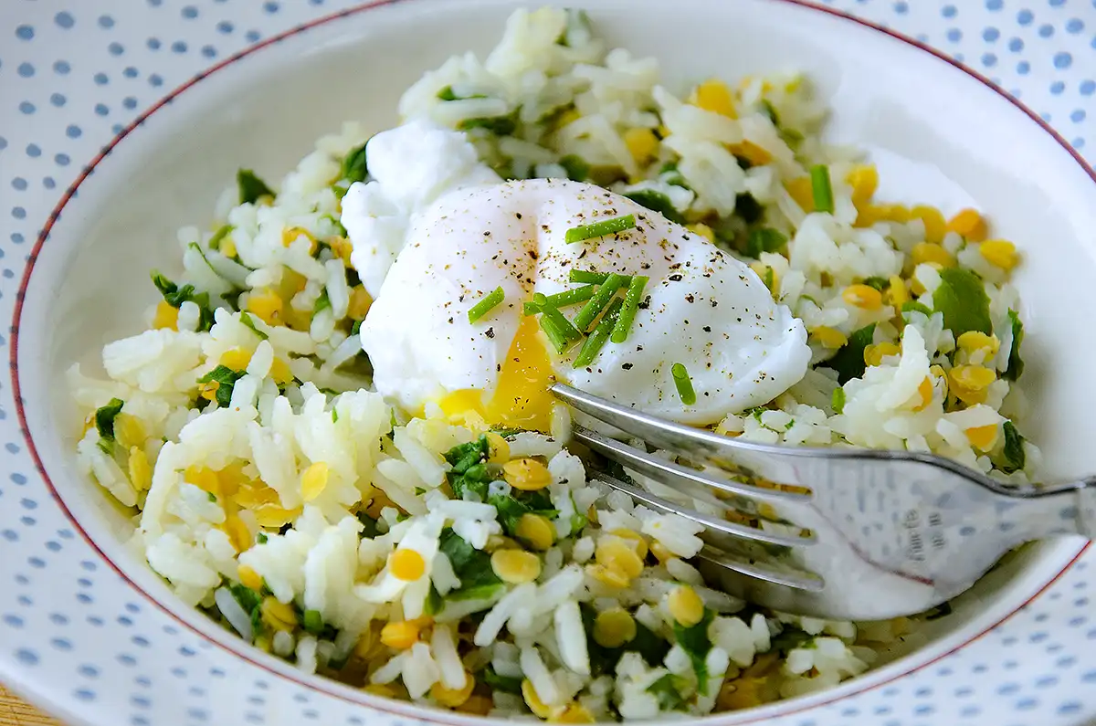 Riz, fanes de radis, lentilles corail et œuf poché