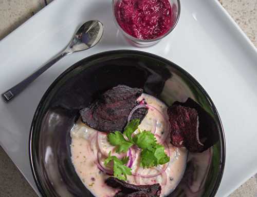 Ceviche de poisson au coco et mousse de betterave