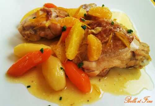 Cuisses de poulets aux agrumes, carottes et pommes de terre tounées.