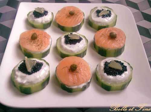 Mosaïque de saumon et œufs de lump sur rondelles de concombre - Cuisine Belle et Fine