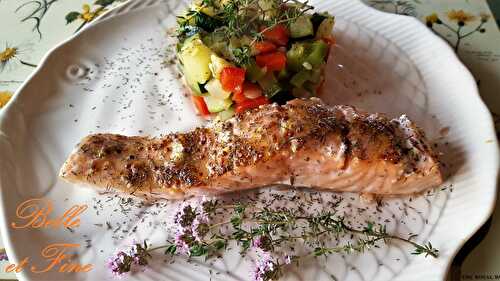 Pavés de saumon au chèvre, miel et moutarde à l’ancienne