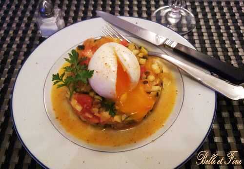 Salade de légumes cuits au citron confit, œuf mollet.