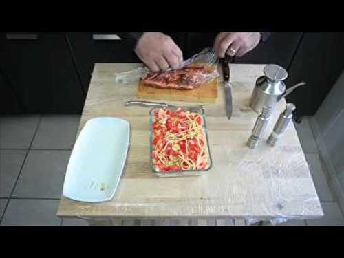 Travers de porc sur lit de spaghettis aux petits légumes