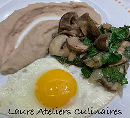 Poêlée champignons et épinards, purée de haricots blancs