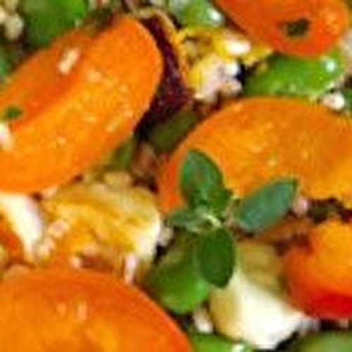 Salade d'épeautre, fèves, halloumi et abricots