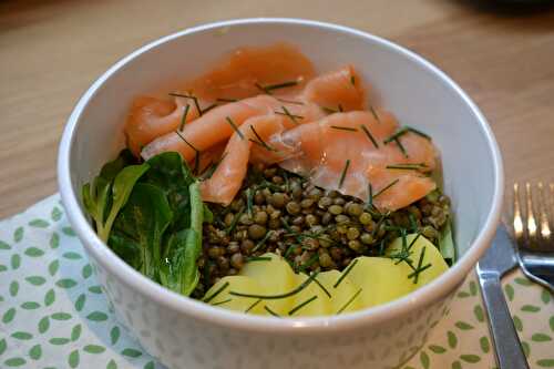 Poke bowl au saumon fumé, lentilles et pommes de terre