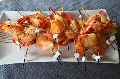 Brochettes apéritives de gambas en chemise