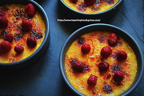 Crème brûlée au miel, safran et framboises