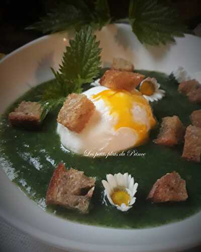 Velouté d'orties, œuf poché et croutons 