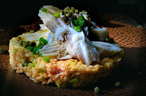 Effeuillée d'aile de raie, salade de lentilles corail et câpres de pâquerettes