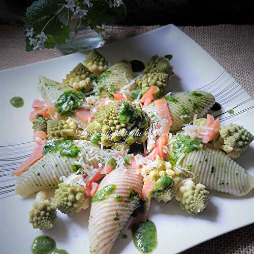 Pâtes conchiglie au chou romanesco et pistou d'alliaire