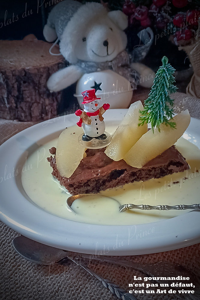 Brownie healthy aux haricots rouges, poire pochée et crème anglaise (gluten free)