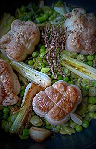 Paupiettes de dinde printanières aux petits pois, fèves, asperges et laitue 