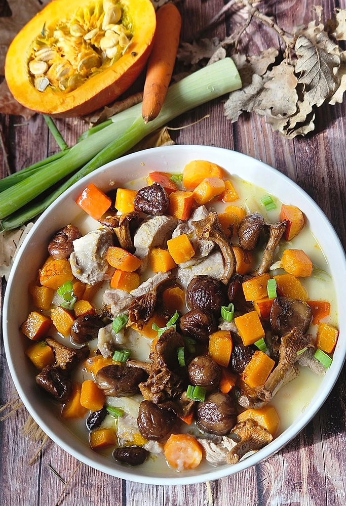 Blanquette de veau version d’automne aux champignons sauvages, potimarron et châtaignes