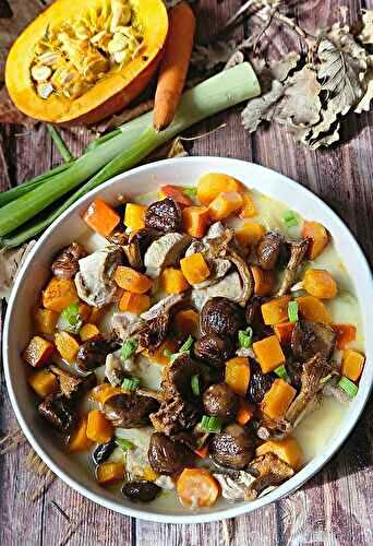 Blanquette de veau version d’automne aux champignons sauvages, potimarron et châtaignes