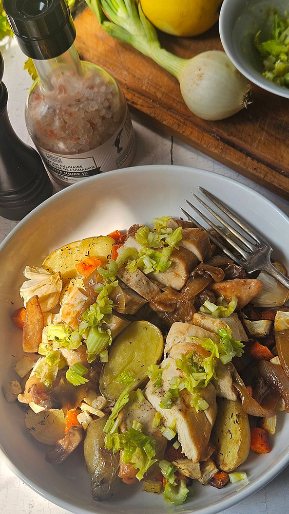  Blancs de poulet mijotés au thym & légumes primeurs rôtis