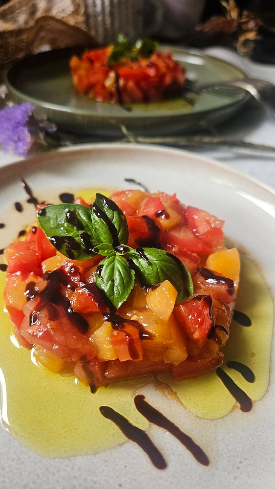 Tartare de tomates & melon rôti