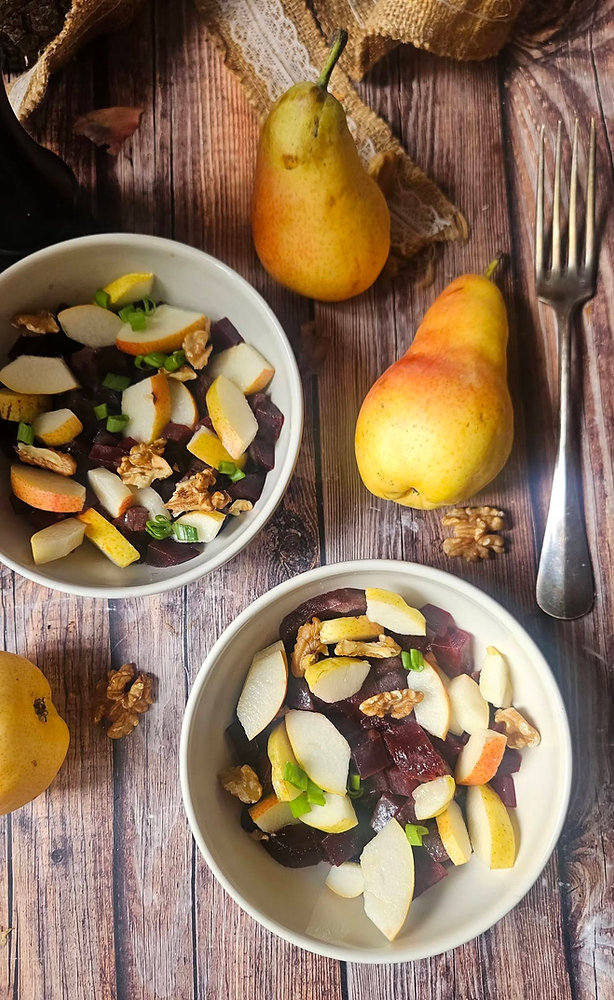 Salade betterave, poire & noix