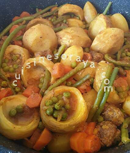 Tajine fond d'artichaut, kefta et printanière de légumes