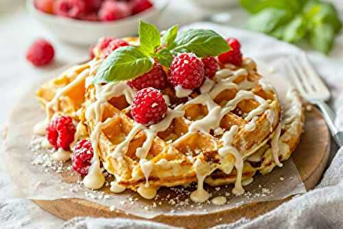 Recette de gaufres au chocolat blanc, framboises et basilic