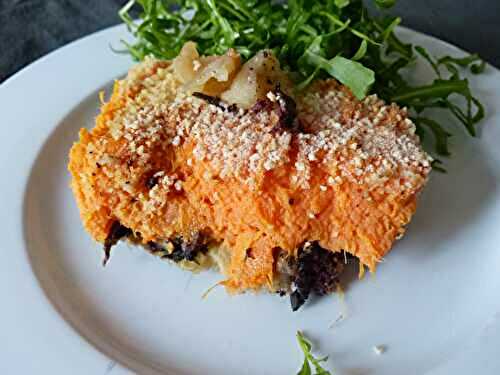 Parmentier de patate douce, pommes et boudin noir