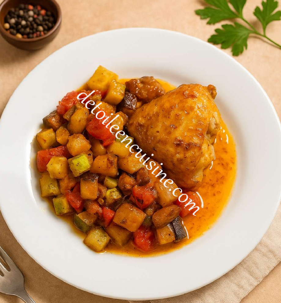 Petits légumes d'été rôtis et hauts de cuisse de poulet au Air Fryer