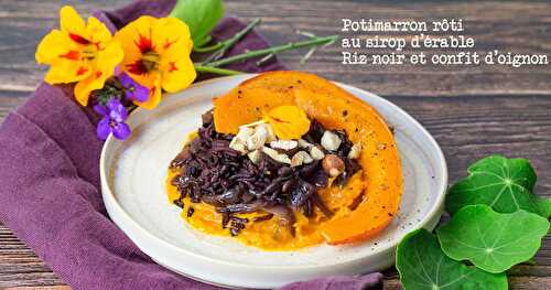 Potimarron rôti au sirop d'érable, riz noir et confit d'oignon