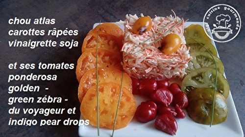 CHOU ATLAS, CAROTTES RAPEES , VINAIGRETTE SOJA et ses tomates