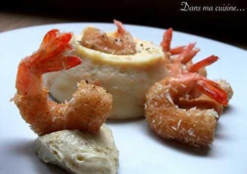 Crevettes panées à la noix de coco et Purée de pommes de terres et carottes