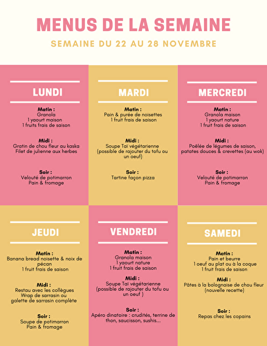 Menu semaine du 22 au 28 novembre