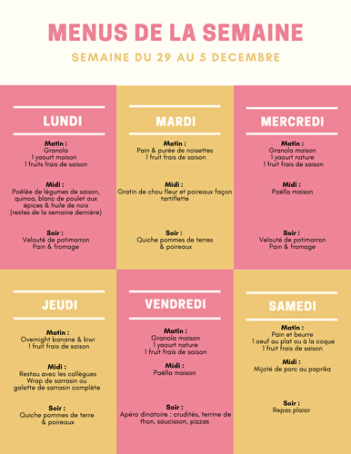 Menu semaine du 29 au 5 décembre