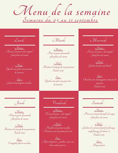 Menu semaine du 05 au 11 septembre