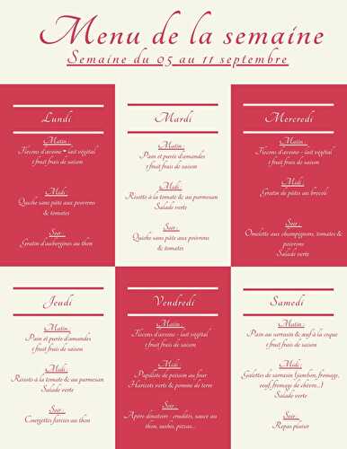 Menu semaine du 05 au 11 septembre