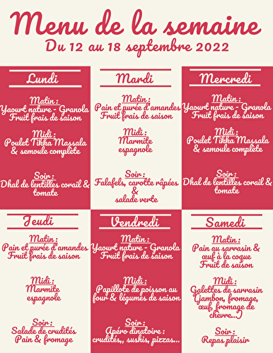 Menu semaine du 12 au 18 septembre 2022