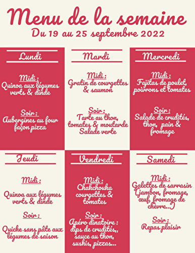 Menu semaine du 19 au 25 septembre 2022