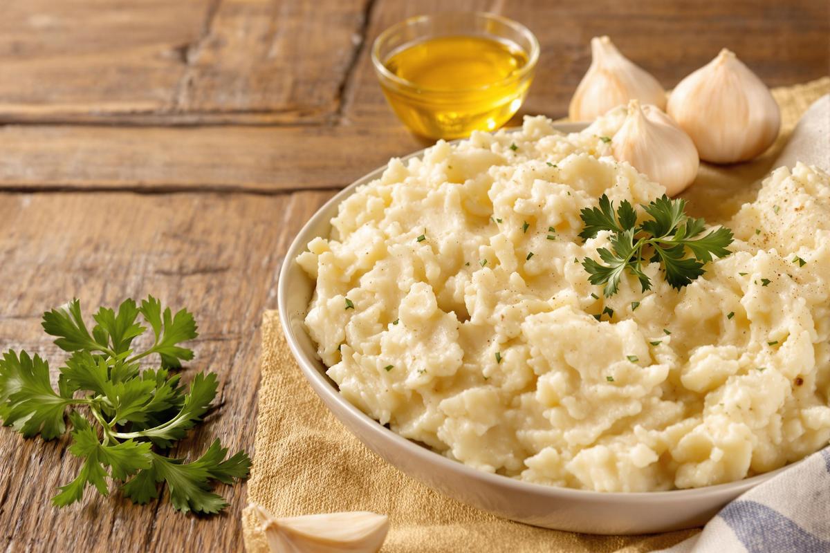 Écrasé de pommes de terre huile d’olive et ail