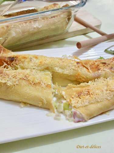 Crêpes gratinées aux poireaux et jambon